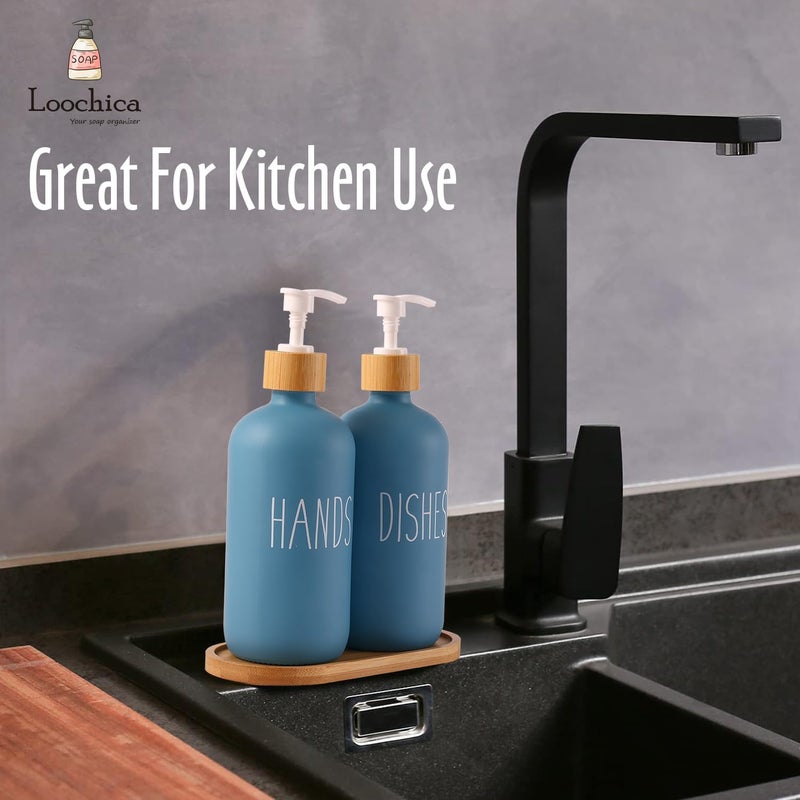 Loochica 2 Pack Blue Glass Soap Dispenser Set with Tray, Hand and Dish Glass Soap Dispensers for Kitchen Sink, Kitchen Soap Dispenser Set Suitable for Kitchen Décor - Image 5